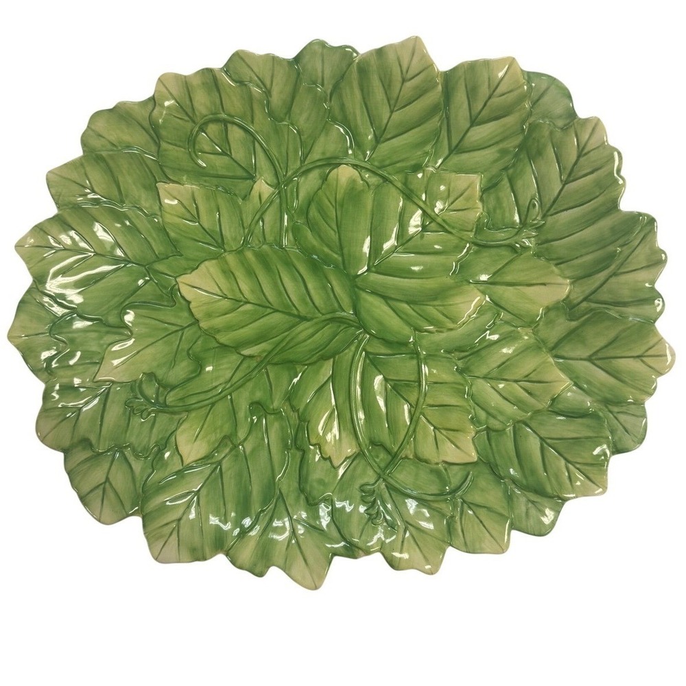 Fitz and Floyd Classics Green Leaf Ceramic Serving Platter Oval Majolica 16.5in